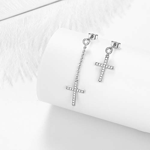Aurora Tears Mens Small Earrings Dangle,925 Sterling Silver Asymmetry Minimalist Drop Cross Earring Tiny Women/Men Silver Up-Side-Down Earrings Jewelry for Christmas Gift Birthday Gift - Image 4