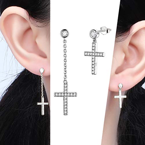 Aurora Tears Mens Small Earrings Dangle,925 Sterling Silver Asymmetry Minimalist Drop Cross Earring Tiny Women/Men Silver Up-Side-Down Earrings Jewelry for Christmas Gift Birthday Gift - Image 3