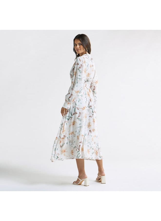 Splash FAV - All-Over Floral Print A-line Dress with Seersucker Detail and Mandarin Collar - Image 1