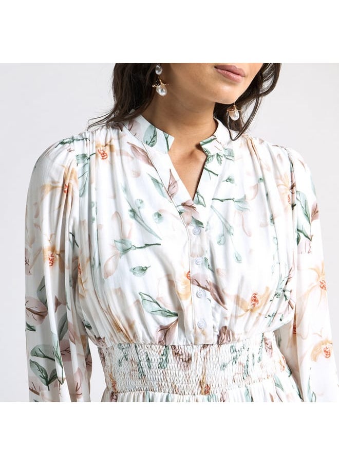 Splash FAV - All-Over Floral Print A-line Dress with Seersucker Detail and Mandarin Collar - Image 1