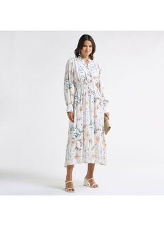 All-Over Floral Print A-line Dress with Seersucker Detail and Mandarin Collar