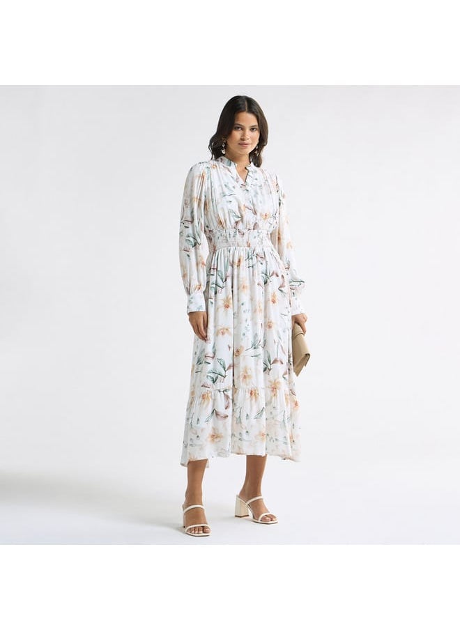 Splash FAV - All-Over Floral Print A-line Dress with Seersucker Detail and Mandarin Collar - Image 1