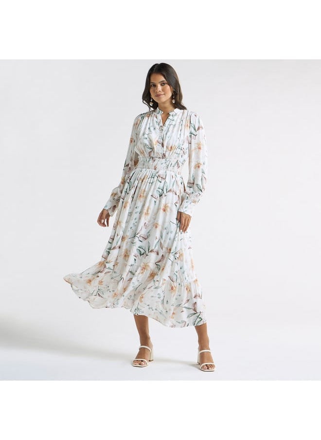 Splash FAV - All-Over Floral Print A-line Dress with Seersucker Detail and Mandarin Collar - Image 1
