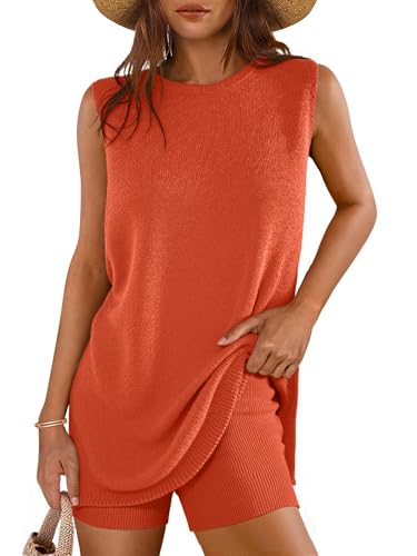 Glamaker Women's 2 Piece Short Sets Summer Outfits Casual Sleeveles Sweater Short Matching Sets Vacation Outfits (Rust Red M) - Image 1