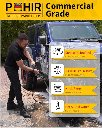 POHIR 38 Pressure Washer Hose 50ft 4800PSI Power Washer Hose Steel Wire Braided with Swivel Quick Connect Commercial Grade Industrial High Pressure Water Washing Hose 4800PSI 50FT - Image 3