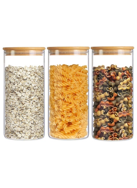 Glass Food Storage Containers Set,Spice Jar Set,3 Piece Glass Jar with Bamboo Airtight Lids and Labels, Mini Clear Food Storage Containers for Pantry for Tea, Herbs, Sugar (3PC, 1800ml)