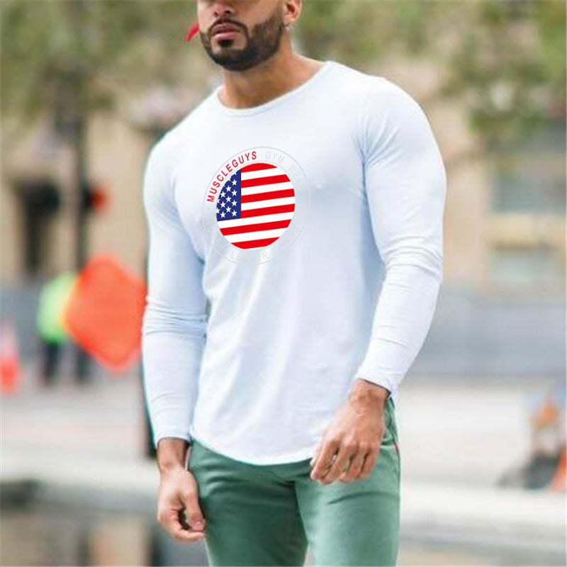 2018 Autumn New Men's T-shirt Men's Cotton Long Sleeve Round Neck Arc Hem Slim American Flag Print - Image 2