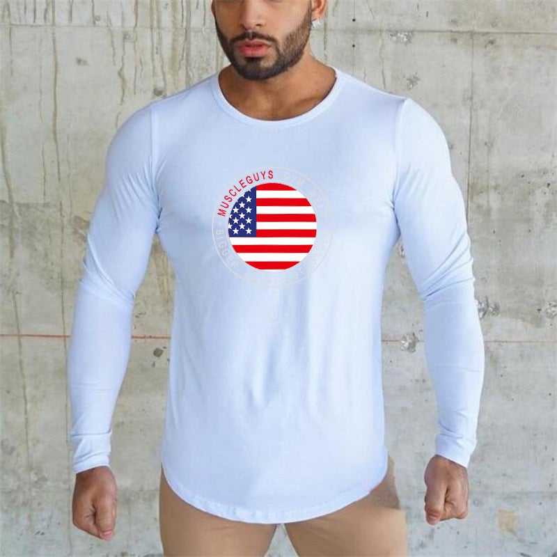 2018 Autumn New Men's T-shirt Men's Cotton Long Sleeve Round Neck Arc Hem Slim American Flag Print - Image 3