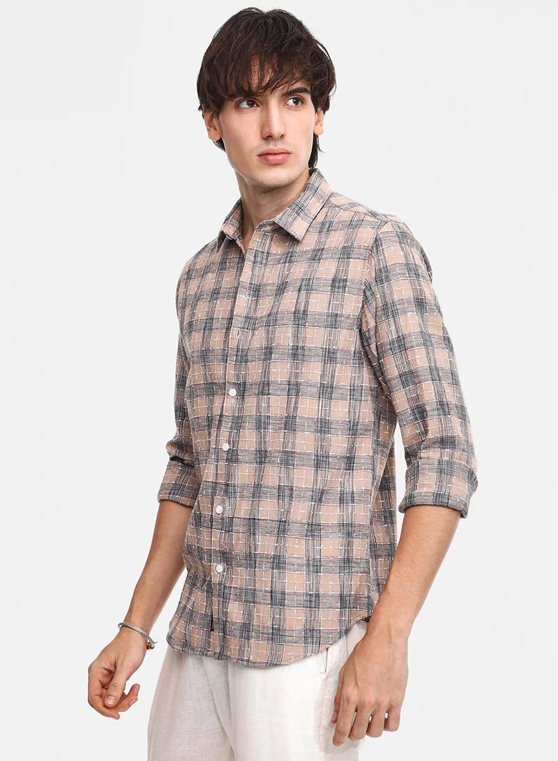 كامبوس سوترا Men's Saltbox Beige Heathered-Buffalo Check Shirt