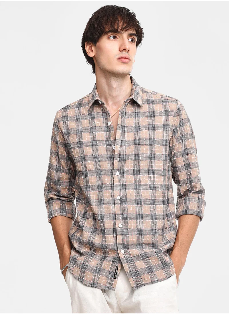 Campus Sutra Men's Saltbox Beige Heathered-Buffalo Check Shirt