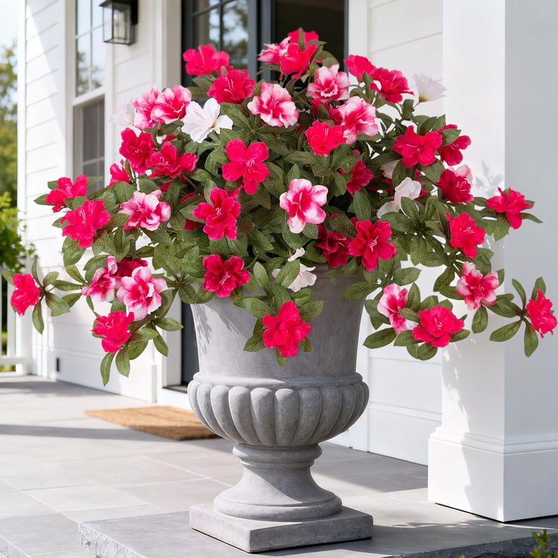 Ammyoo Artificial Fake Azalea Flowers for Outdoor Spring Decoration, Faux Silk Flower for Summer UV Resistant Look Real Plants for Garden Yard Porch Walkway Indoor Decor, 2PCS - Image 1