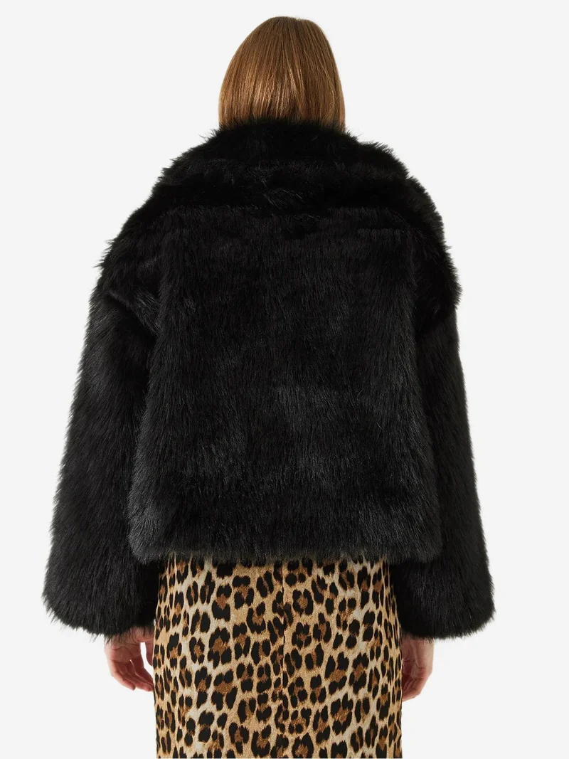 Bianco Lucci Black Cropped Open-Front Faux Fur Coat with Long Sleeves for Women | Best Price UAE