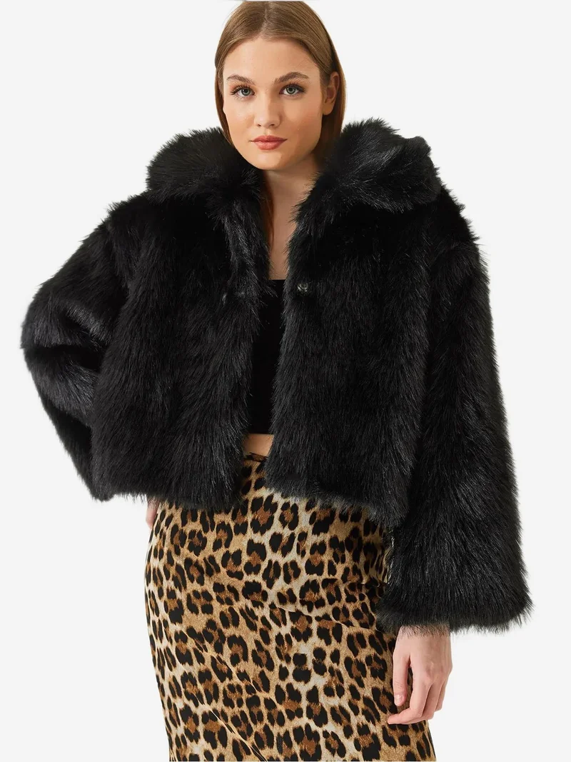 Bianco Lucci LUCCI Patterned Short Faux Fur Coat with Shawl Collar