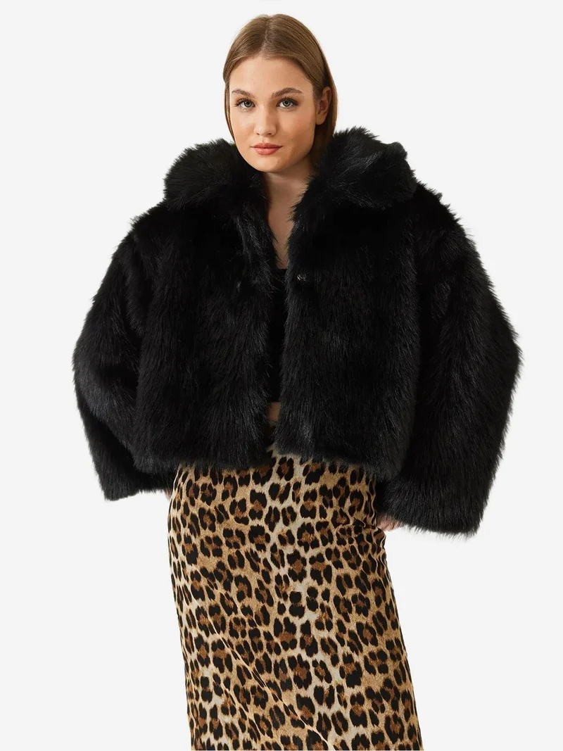 Bianco Lucci Black Cropped Open-Front Faux Fur Coat with Long Sleeves for Women | Best Price UAE