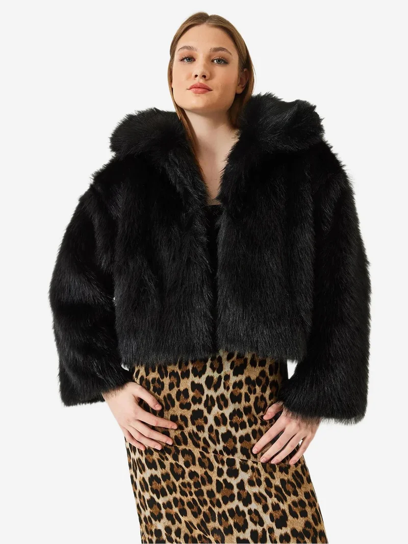 Bianco Lucci Black Cropped Open-Front Faux Fur Coat with Long Sleeves for Women | Best Price UAE