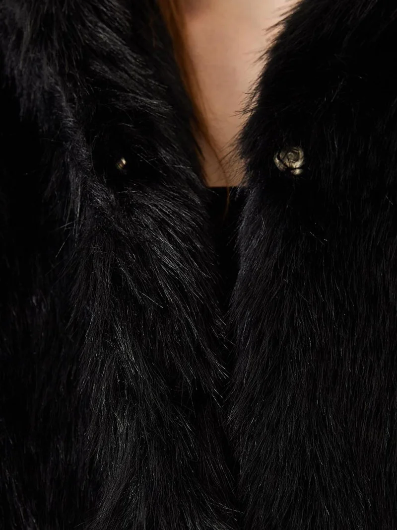 Bianco Lucci Black Cropped Open-Front Faux Fur Coat with Long Sleeves for Women | Best Price UAE