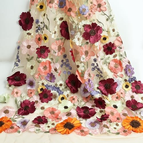 Primst 51.2" Width Flower Colorful Embroidered Lace Trim 3D Appliqué Embroidery Lace Fabric for DIY Handmade Clothing Evening Dress Home Decoration (Apricot) - Image 3