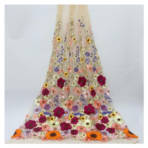 Primst 51.2" Width Flower Colorful Embroidered Lace Trim 3D Appliqué Embroidery Lace Fabric for DIY Handmade Clothing Evening Dress Home Decoration (Apricot) - Image 5