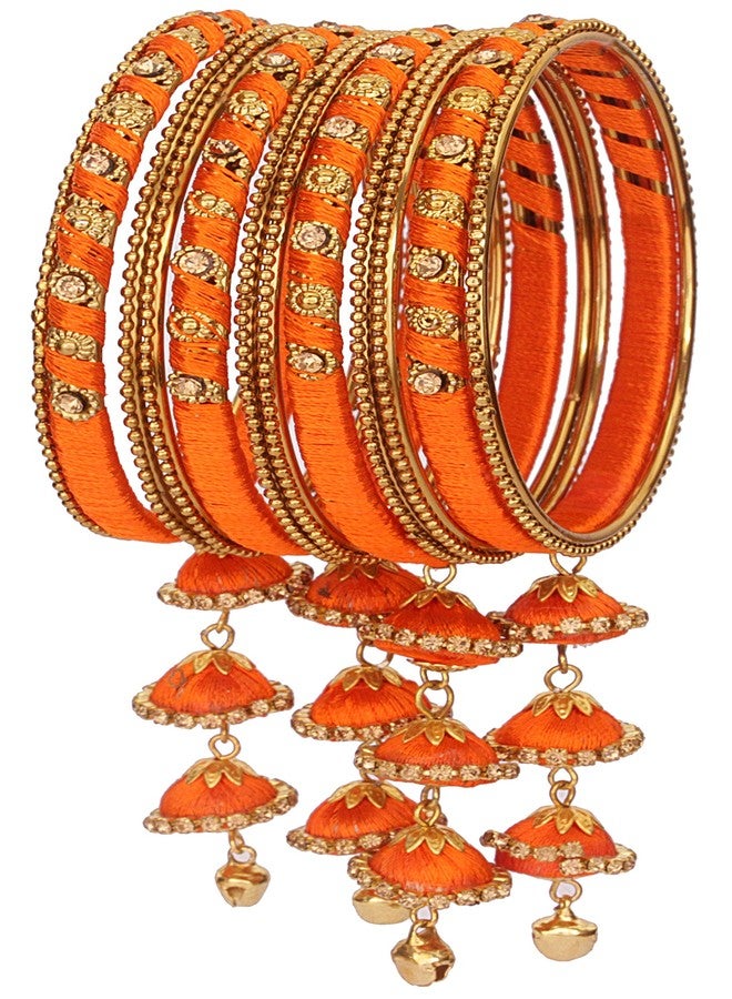 NMII Metal & Silk Thread Jhumka Zircon Latkan Stylish Bangles Set For Women's and Girls | Women's Fancy Latkan Bangles Set | Ethnic Fashion Jewellery- Set of 12 Bangle, (G405_Orange-2.6) - Image 1