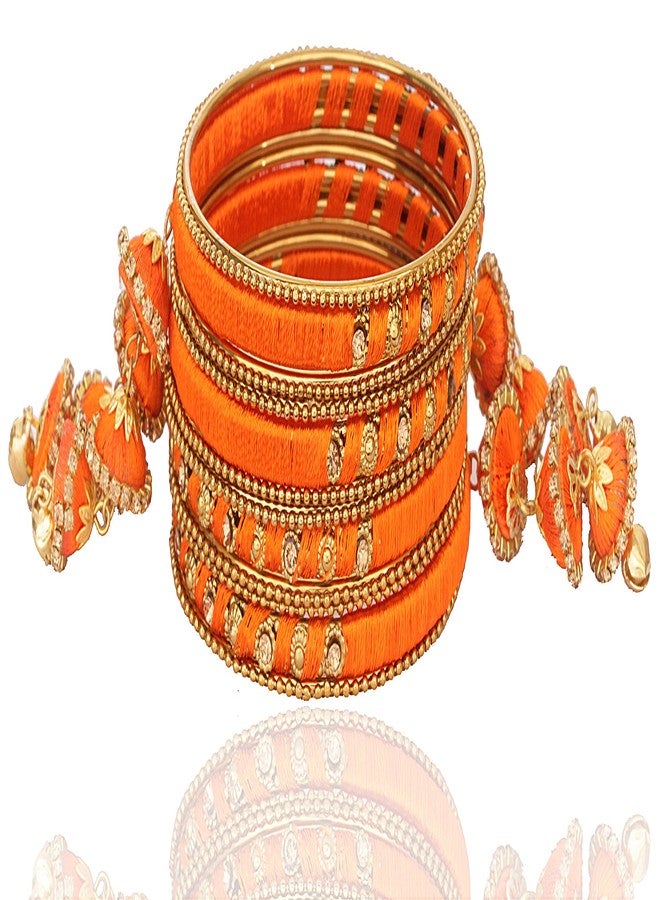 NMII Metal & Silk Thread Jhumka Zircon Latkan Stylish Bangles Set For Women's and Girls | Women's Fancy Latkan Bangles Set | Ethnic Fashion Jewellery- Set of 12 Bangle, (G405_Orange-2.6) - Image 2