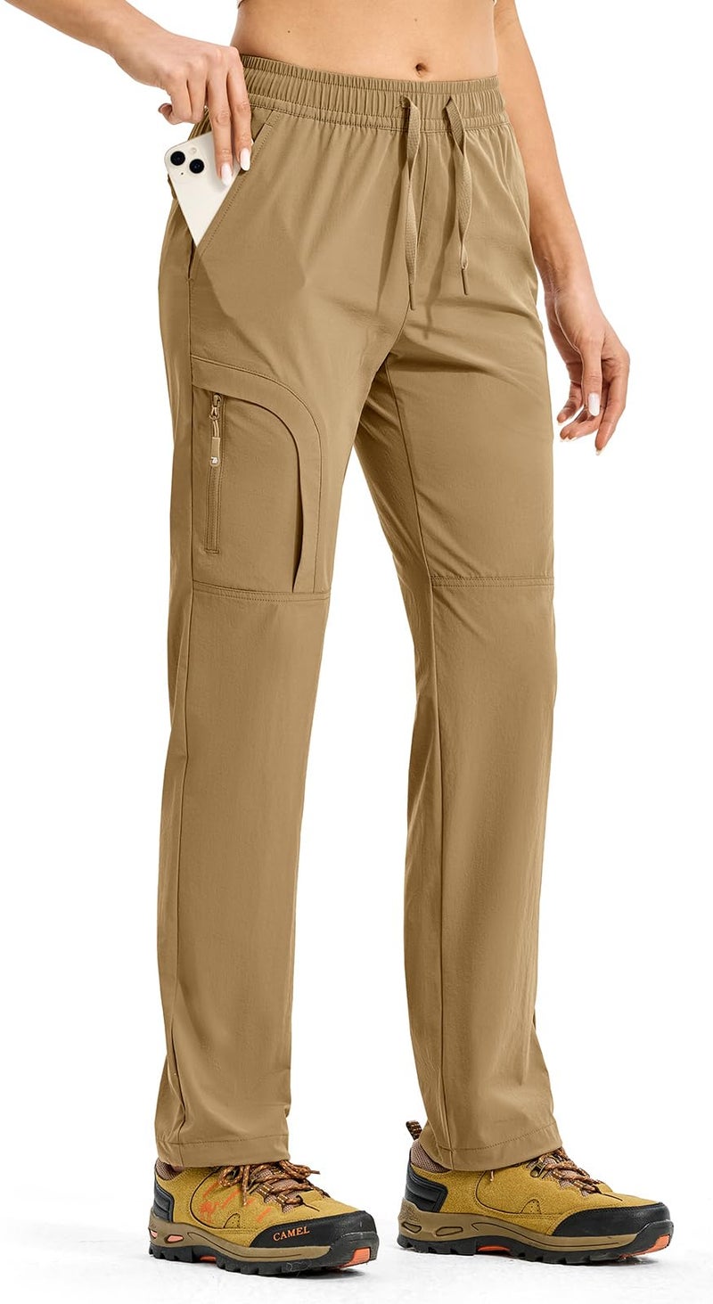Rdruko Womens Hiking Pants Lightweight Quick Dry Water Resistant Cargo Outdoor Travel Pants Elastic Waist Khaki 3XL