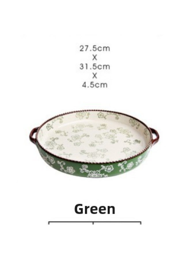 Japanese-style Cherry Blossom Underglaze Hand-painted Ceramic Baking Pan Household Baking Pizza Plate Binaural Oven Microwave Baking Pan-Specifications:Green Glaze -12.5 "Binaural Disc - Image 1