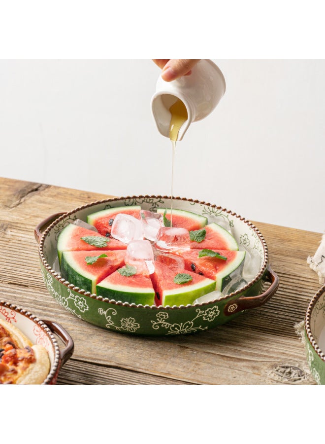 Japanese-style Cherry Blossom Underglaze Hand-painted Ceramic Baking Pan Household Baking Pizza Plate Binaural Oven Microwave Baking Pan-Specifications:Green Glaze -12.5 "Binaural Disc - Image 5
