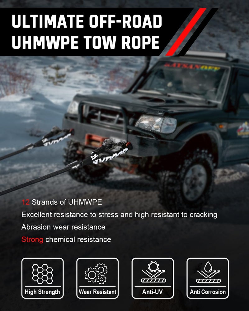 DAYDOOR Recovery Tow Rope Kit with 2 Soft Shackles, 7/16 Inch x 30 ft 31,200 Lbs UHMWPE Tow Strap, Synthetic Towing Rope Recovery Kit for ATV, UTV, SUV, Cars (Gray) - Image 3