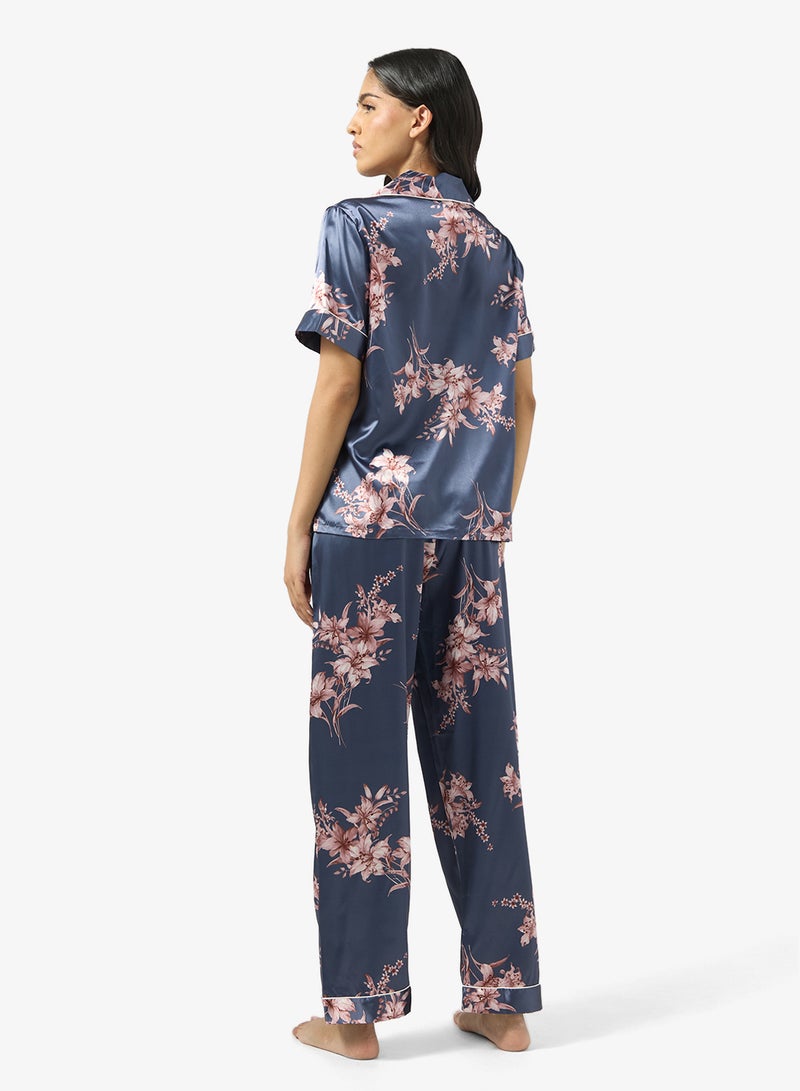 Ginger Satin Floral Button Up Pyjama Set - Image 2