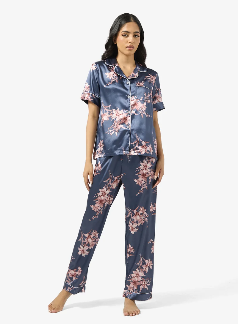 جينجر Satin Floral Button Up Pyjama Set