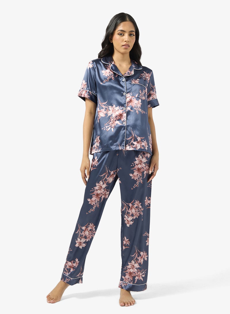 Ginger Satin Floral Button Up Pyjama Set - Image 1