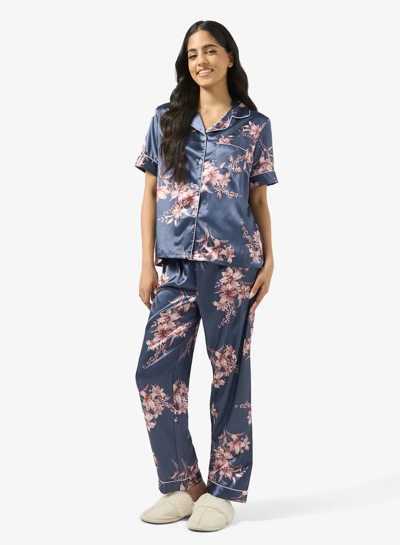 جينجر Satin Floral Button Up Pyjama Set