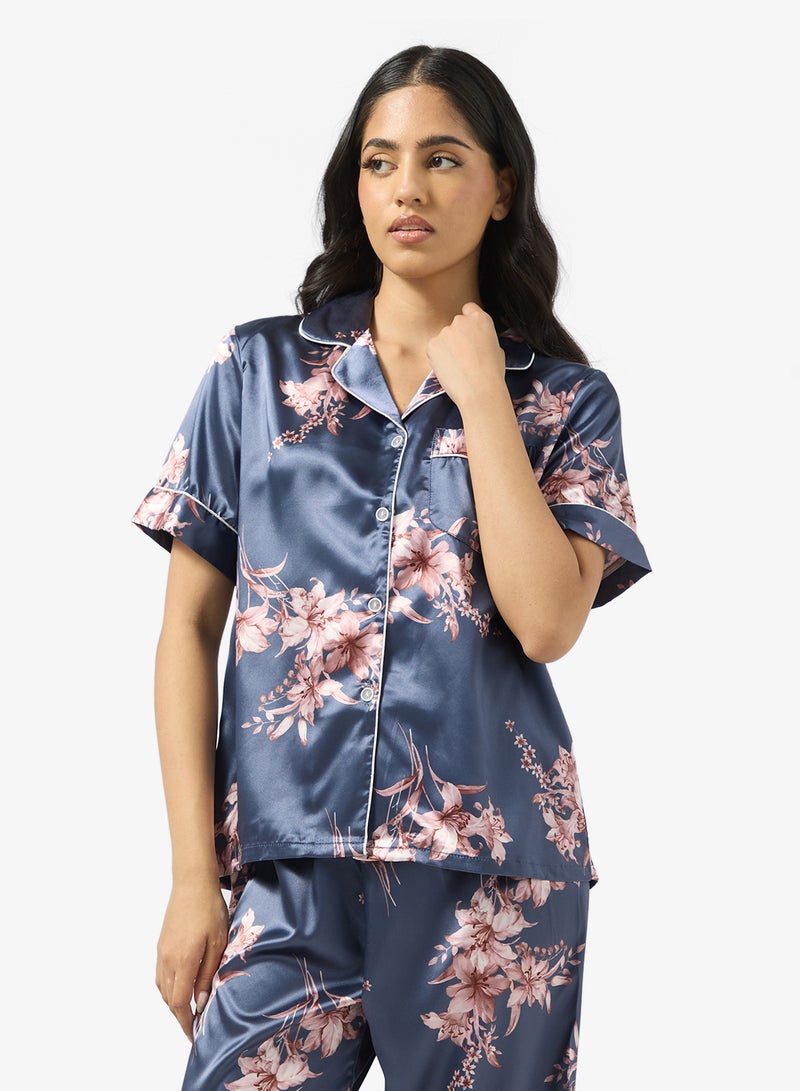 Ginger Satin Floral Button Up Pyjama Set - Image 3