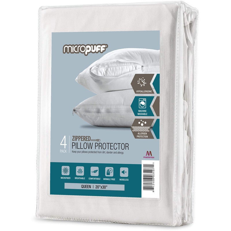 Micropuff Queen Size Pillow Protectors with Zipper  4 Pack  Soft and Breathable Pillow Cover Pillowcase Protects Against Stains Spills and Perspiration 20 x 30