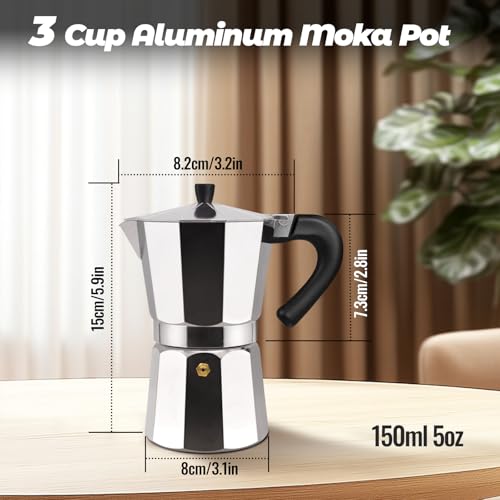 Vaolvpant 3 Cup Aluminum Moka Pot Classic Stovetop Espresso Coffee Maker 150ml 5oz Coffeemaker Percolator Mocha Pot Greca Coffee Maker Cafe Makers for Italian and Cuban Café Brewing Silver - Image 2
