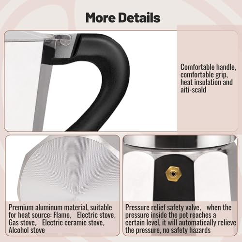 Vaolvpant 3 Cup Aluminum Moka Pot Classic Stovetop Espresso Coffee Maker 150ml 5oz Coffeemaker Percolator Mocha Pot Greca Coffee Maker Cafe Makers for Italian and Cuban Café Brewing Silver - Image 5