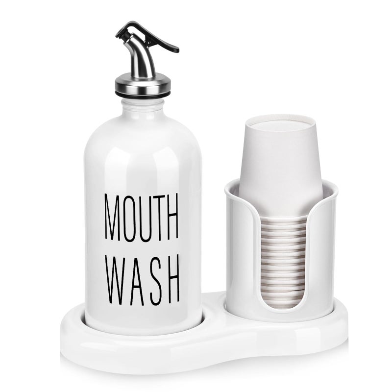 Mouthwash Dispenser for BathroomBYAWAY Mouthwash Dispenser with Cup Holder14 Mouthwash Cups and FunnelRefillable Glass Mouthwash Container White