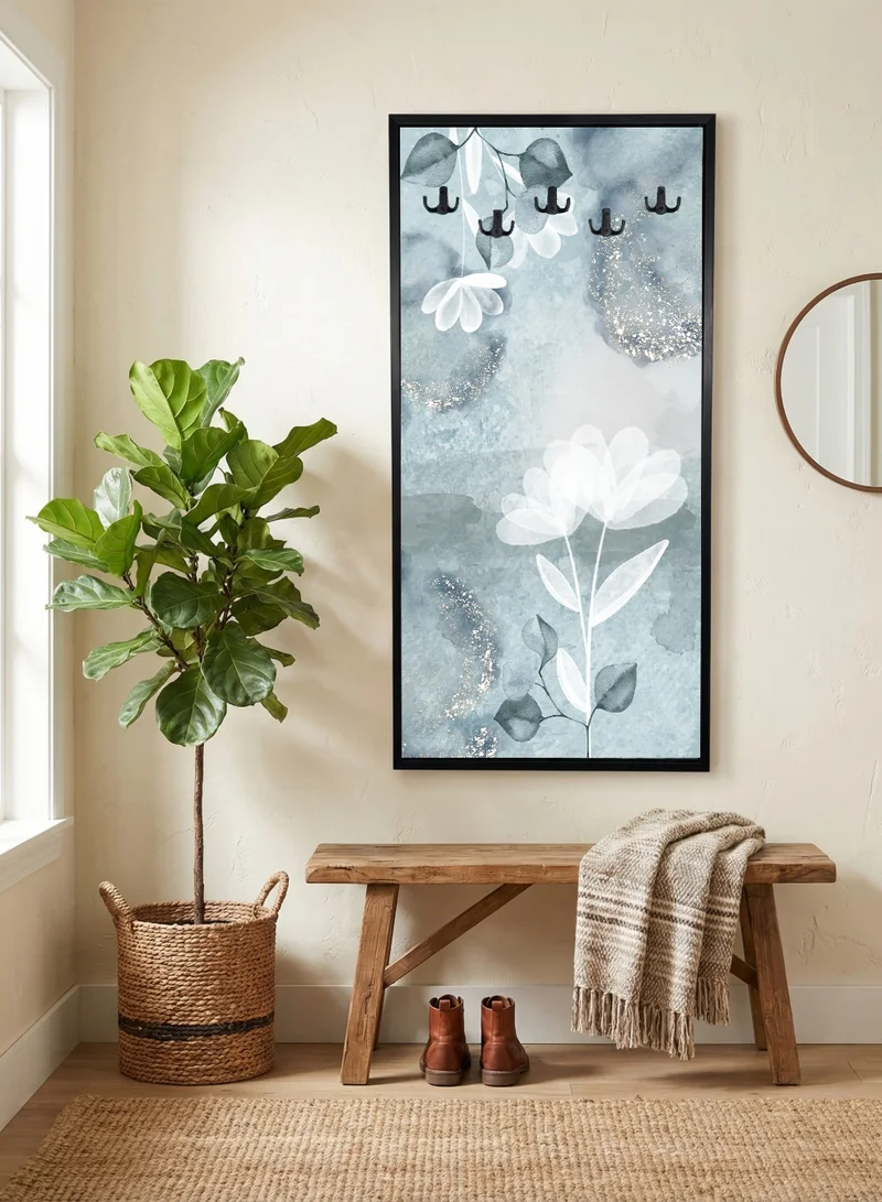 LOWHA Coat Rack Embedded in Floral Design Canvas Wall Art Stretched Over Wooden Frame with Black Floating Frame