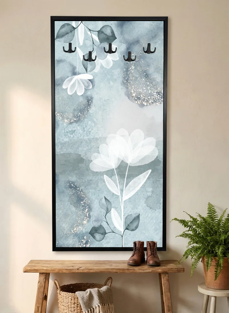LOWHA Coat Rack Embedded in Floral Design Canvas Wall Art Stretched Over Wooden Frame with Black Floating Frame