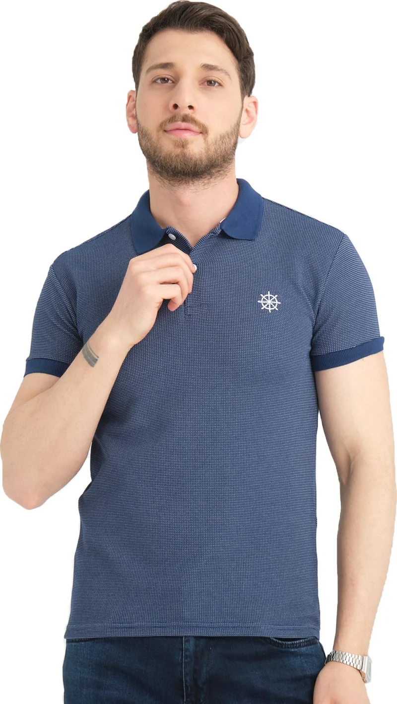 فاريتا Men's Navy Blue Polo Neck Cotton Short Sleeve Waffle T-Shirt