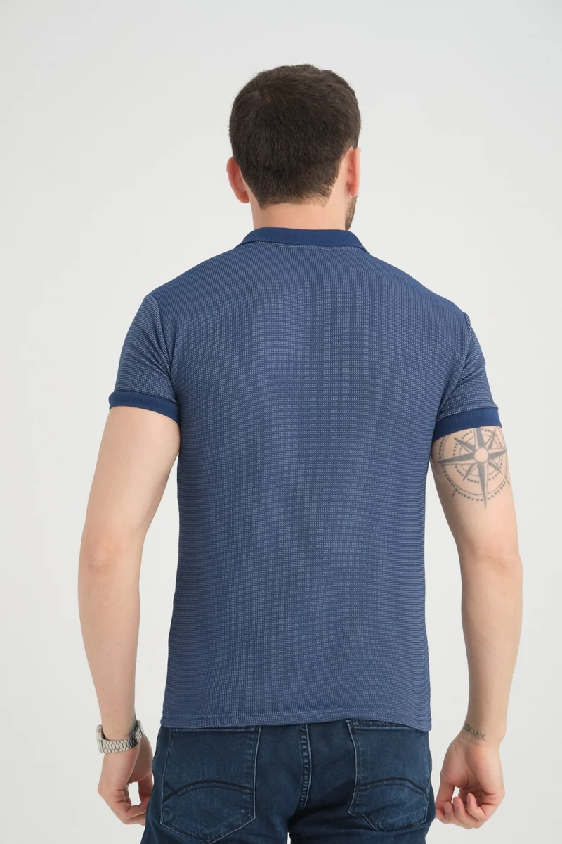فاريتا Men's Navy Blue Polo Neck Cotton Short Sleeve Waffle T-Shirt