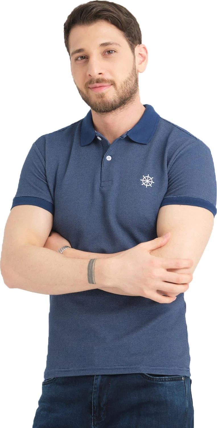 فاريتا Men's Navy Blue Polo Neck Cotton Short Sleeve Waffle T-Shirt