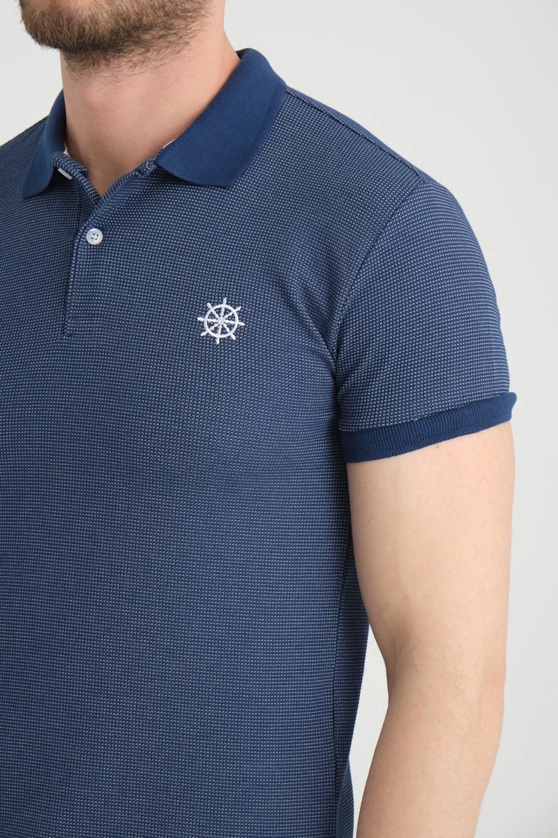 فاريتا Men's Navy Blue Polo Neck Cotton Short Sleeve Waffle T-Shirt