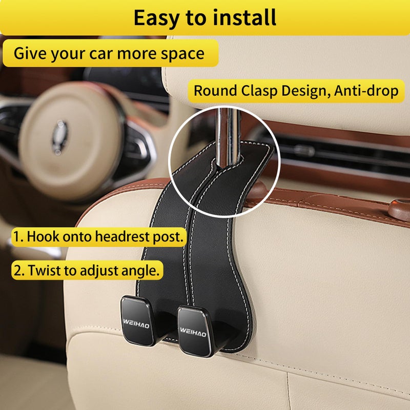 WEIHAO Wide Purse Hook for Car, Twin Hook Leather Car Headrest Hangers, Car Seat Back Storage Hook, Headrest Hooks Purse Bag Holder for Car Universal Fit Sedan Trucks SUVs Most Vehicles (Black-2PCS) - Image 5