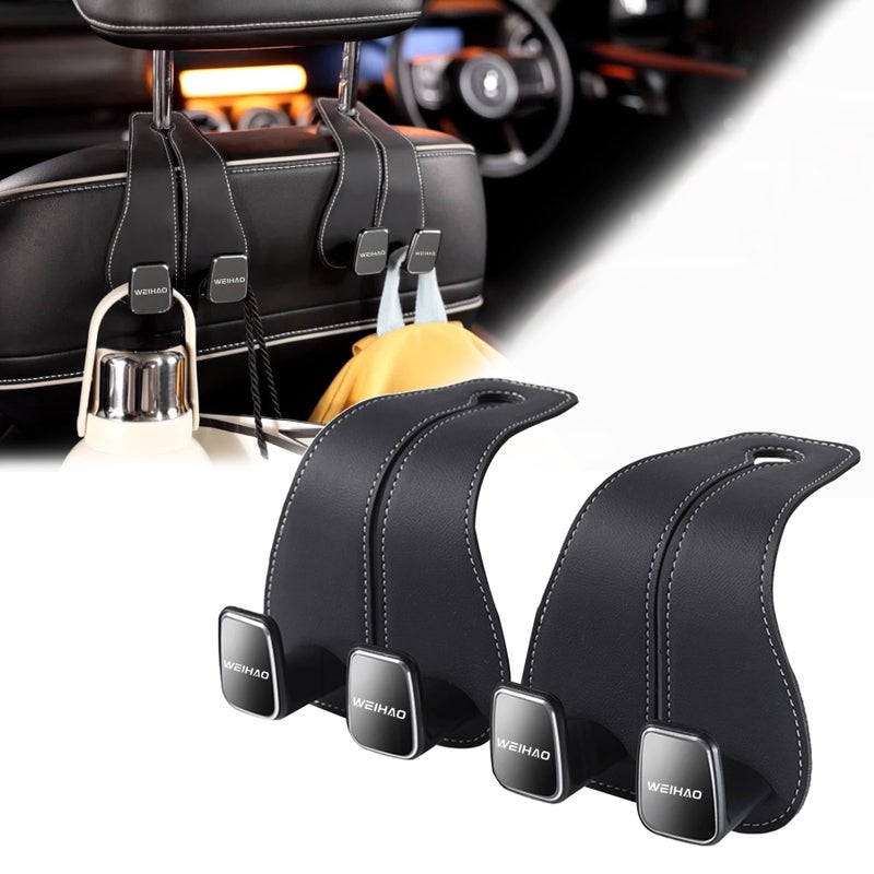 WEIHAO Wide Purse Hook for Car, Twin Hook Leather Car Headrest Hangers, Car Seat Back Storage Hook, Headrest Hooks Purse Bag Holder for Car Universal Fit Sedan Trucks SUVs Most Vehicles (Black-2PCS) - Image 1