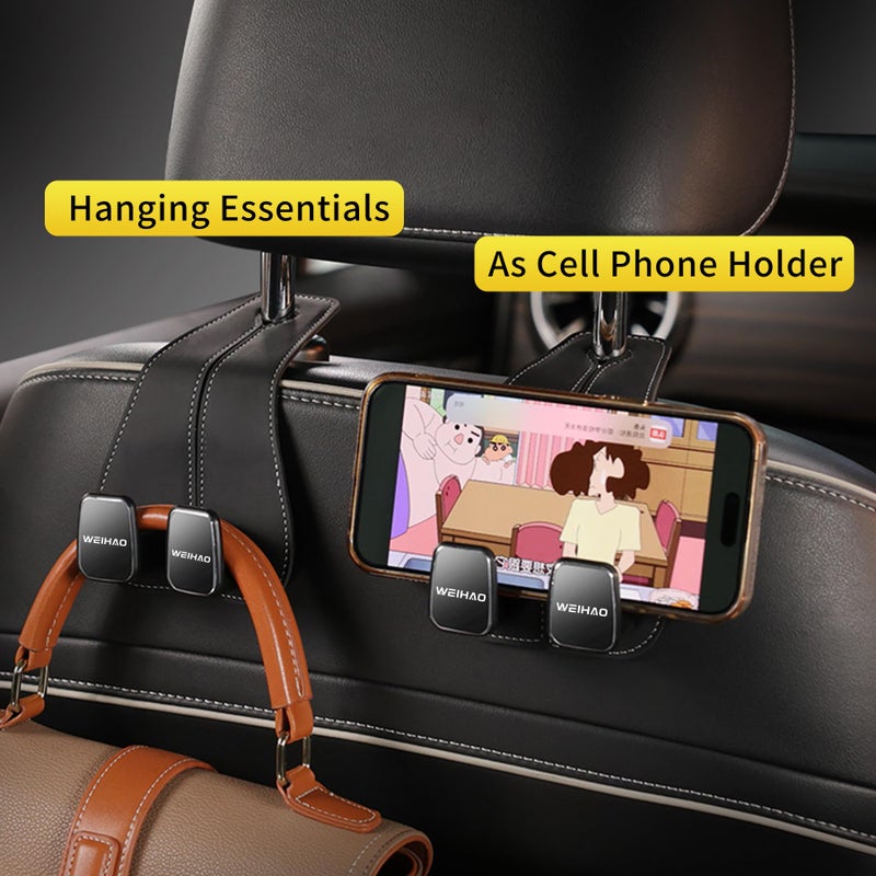 WEIHAO Wide Purse Hook for Car, Twin Hook Leather Car Headrest Hangers, Car Seat Back Storage Hook, Headrest Hooks Purse Bag Holder for Car Universal Fit Sedan Trucks SUVs Most Vehicles (Black-2PCS) - Image 2