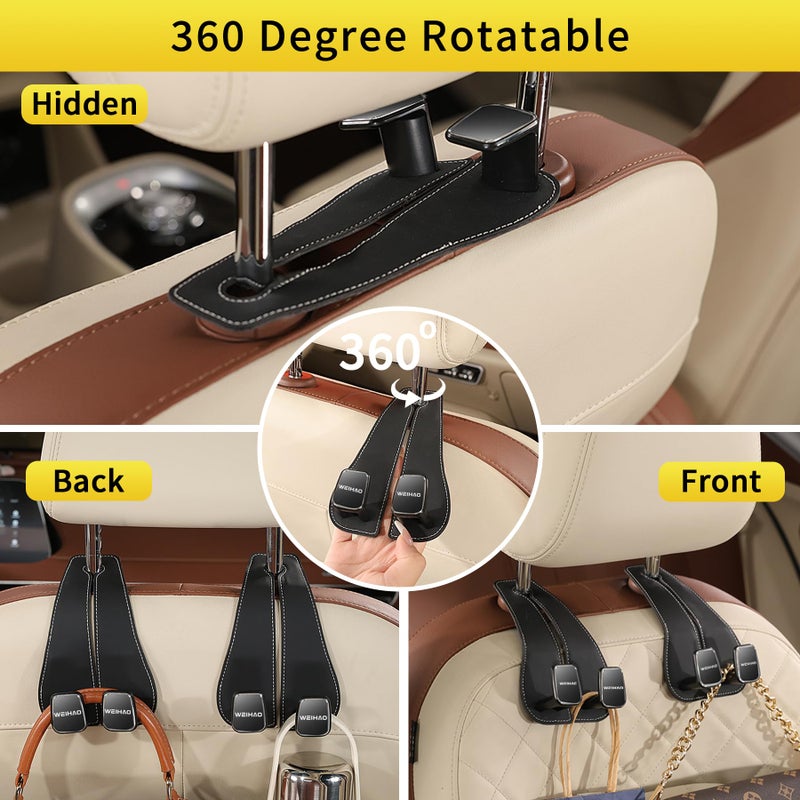 WEIHAO Wide Purse Hook for Car, Twin Hook Leather Car Headrest Hangers, Car Seat Back Storage Hook, Headrest Hooks Purse Bag Holder for Car Universal Fit Sedan Trucks SUVs Most Vehicles (Black-2PCS) - Image 3
