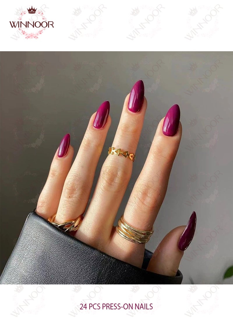 WINNOOR 24Pcs Solid Color Press-on Nails, Magenta Glossy Artificial Nails, Almond Shape False Nails - Image 1