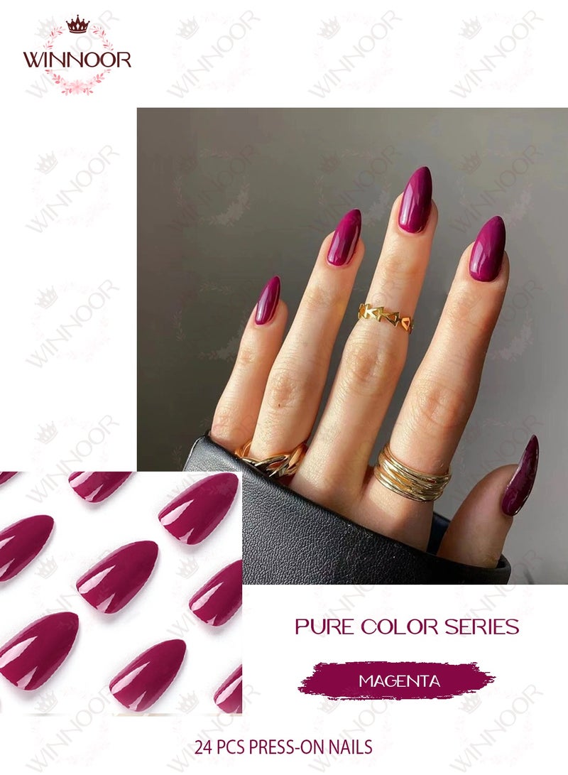 WINNOOR 24Pcs Solid Color Press-on Nails, Magenta Glossy Artificial Nails, Almond Shape False Nails - Image 2
