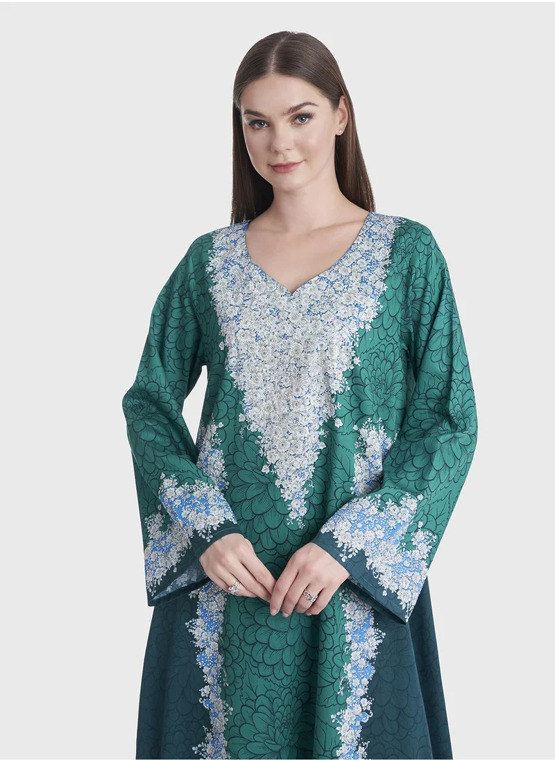 KASHKHA Digital Flower Print with Stonework Jalabiya